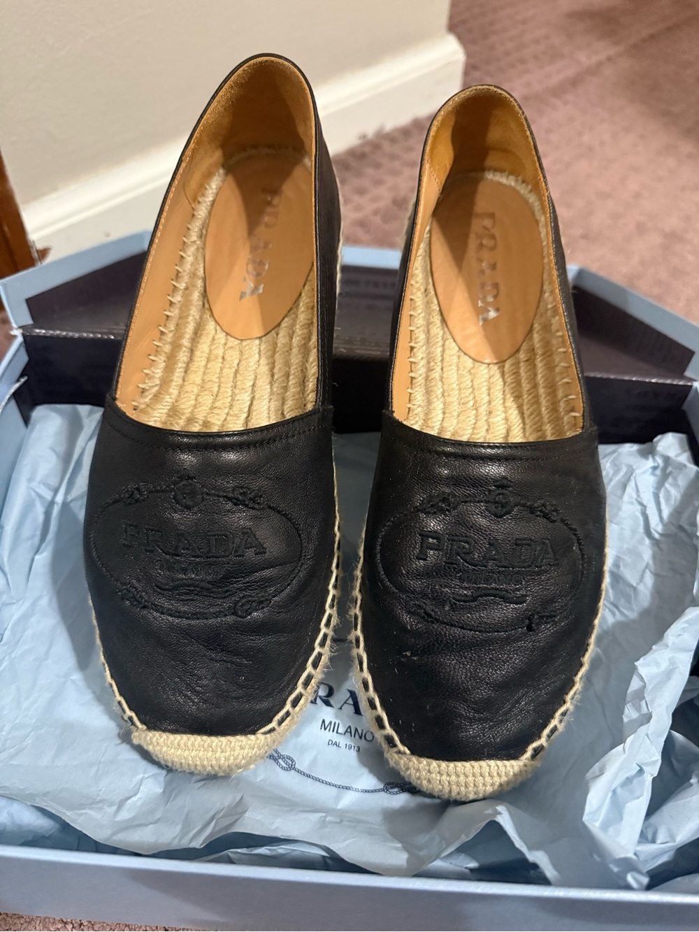 Prada Black Leather Espadrille Slip-On
